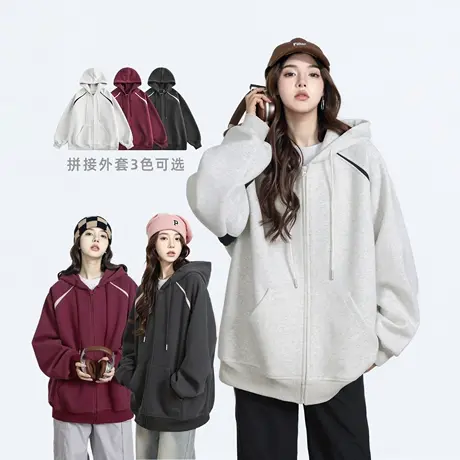 复古拼接连帽卫衣女早秋新款插肩袖美式帽衫宽松长袖开衫外套商品大图