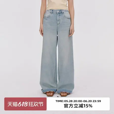 omont蛋挞家复古撞色格纹阔腿牛仔裤2025夏季高腰显瘦拖地长裤子商品大图