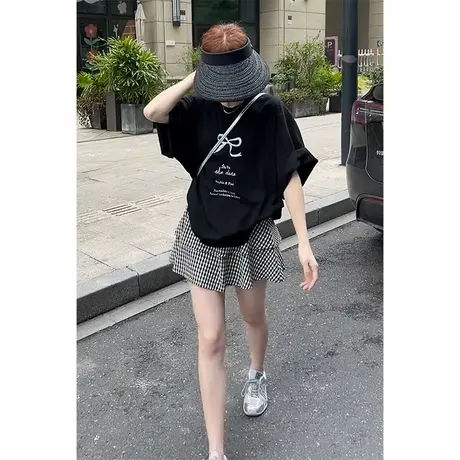 圆领韩系黑色宽松短袖t恤女夏季设计感字母印花甜美ins风小众上衣商品大图