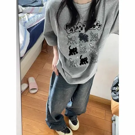 纯棉美式复古灰色短袖t恤女2025新款爆款设计感小众卡通潮牌上衣商品大图