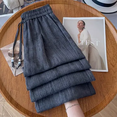 拉夏贝尔深灰色棉麻阔腿裤女夏季薄款2025新款凉凉裤巨好看直筒裤商品大图