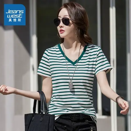 VO真维斯女2025春季新款V领时尚条纹上衣气质百搭时尚女款短袖T恤商品大图