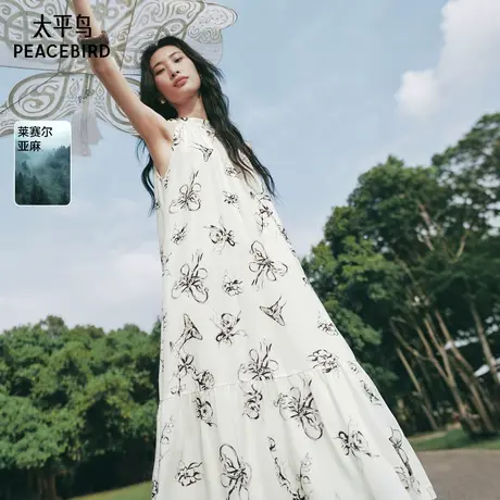 【来了就好】太平鸟印花绑带挂脖连衣裙夏天丝亚麻飘逸长裙商品大图