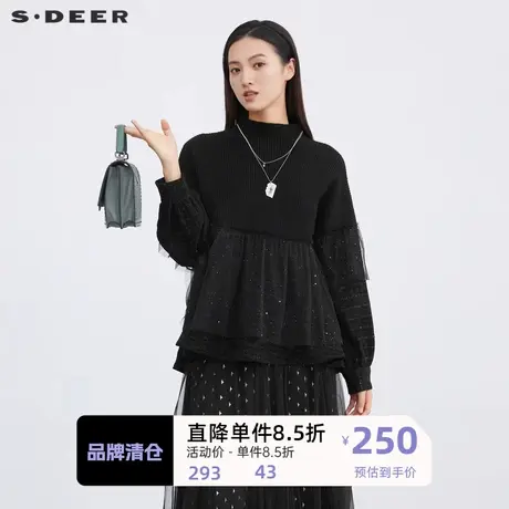 sdeer圣迪奥女装圆领网纱格纹拼接针织卫衣S223Z2239图片