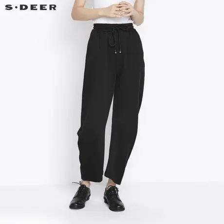 sdeer圣迪奥女装春秋装松紧系带垂坠宽松黑色运动长裤S21360805图片