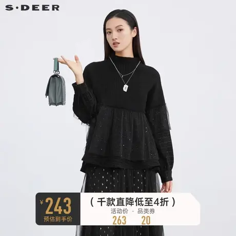 sdeer圣迪奥女装黑色圆领网红网纱格纹拼接针织卫衣S223Z2239🍑商品大图