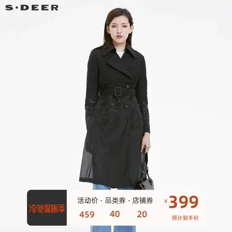 sdeer圣迪奥女装翻领印花收腰双排扣长款风衣S22181814图片