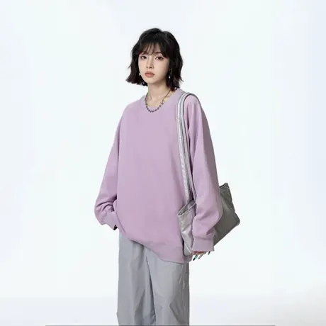 复古潮牌纯色圆领卫衣女春秋2025新款插肩袖宽松套头长袖无帽上衣图片