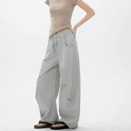 抽褶伞兵直筒阔腿工装裤女2025夏季新款宽松街头风休闲弯刀长裤商品大图