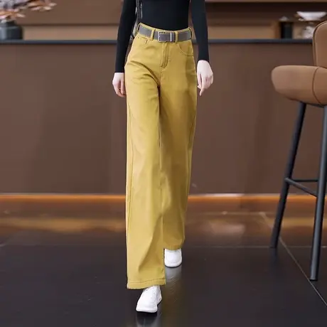 配皮带黄色时尚阔腿牛仔裤女春秋新款窄版直筒裤子高腰显瘦休闲裤商品大图