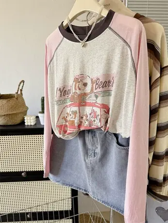 减龄洋气百搭汽车小熊插肩袖长袖T恤夏季女装宽松大版休闲防晒衫商品大图