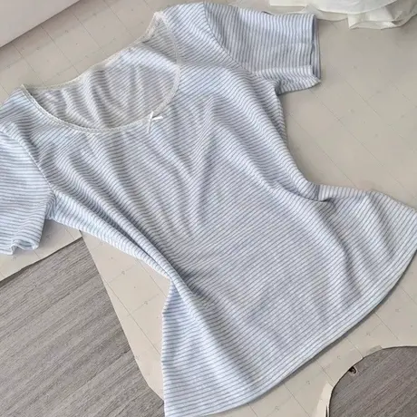 条纹蝴蝶结拼接短袖T恤女夏季修身韩版设计感小众甜辣妹上衣半袖商品大图