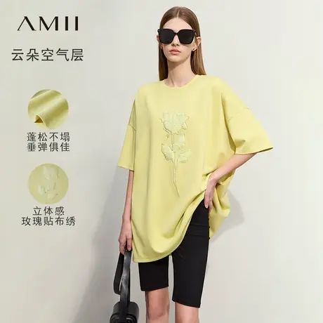 Amii2025夏新款百搭中长宽松落肩短袖玫瑰刺绣空气层弹力T恤女图片