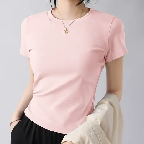 KV真维斯修身正肩短袖女t恤2025新款 夏季圆领紧身半袖收腰上衣女商品大图