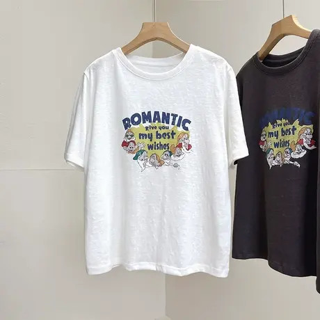 麻感雪花棉卡通印花短袖T恤女夏薄款显瘦正肩百搭宽松打底衫上衣图片