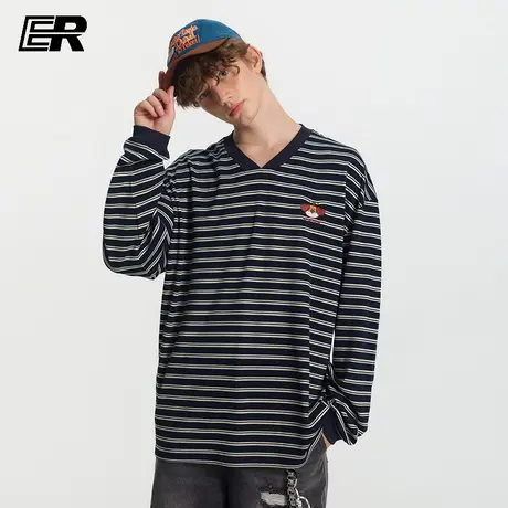 ER爱心小鸟条纹V领长袖t恤秋季刺绣拼接美式复古宽松休闲上衣图片