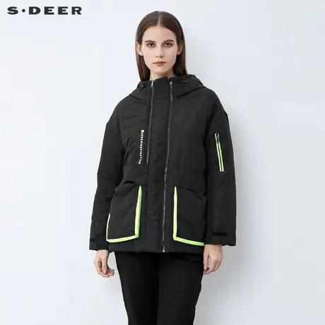 sdeer圣迪奥2021冬装新款高领连帽撞色字母拼接羽绒服女S21462477商品大图