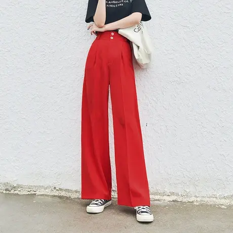 红色阔腿裤女士夏季新款宽松显瘦雪纺裤高腰西装裤垂感直筒长裤子商品大图
