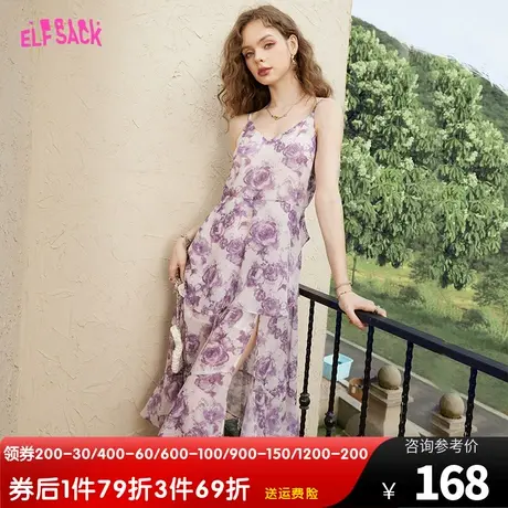 妖精的口袋满印开叉度假吊带连衣裙女2023夏季新款气质显瘦高级感商品大图