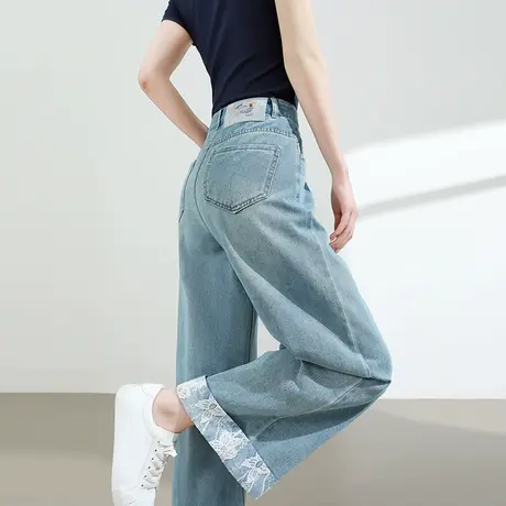 蕾丝翻边牛仔裤女夏季薄款高腰宽松直筒垂感小个子九分蓝色阔腿裤商品大图
