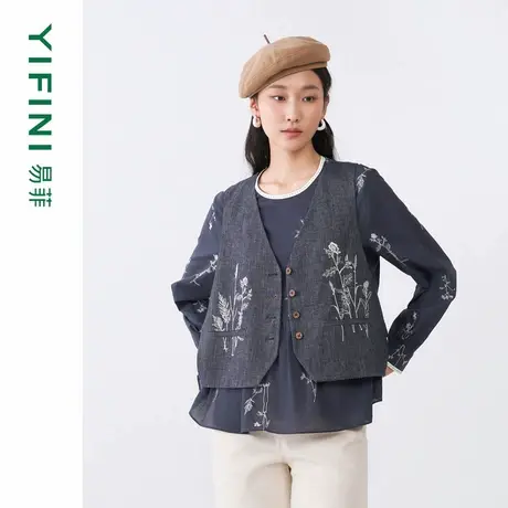 [商场同款]Yifini/易菲绣花文艺纯棉百搭套头衫宽松圆领小衫女秋商品大图