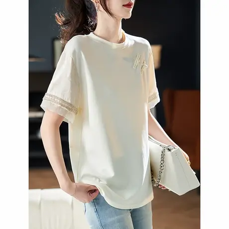 宝诗黎新中式提花钉珠短袖T恤2025夏季简约纯色盘扣棉质休闲上衣商品大图