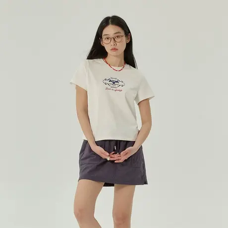 omont蛋挞家 复古圆领印花短款T恤春季新款修身显瘦短袖上衣商品大图