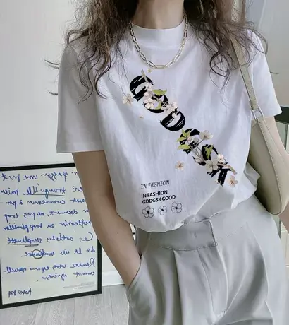 白色半高领短袖t恤女夏季2025年新款宽松纯棉外穿半袖上衣服ins潮商品大图