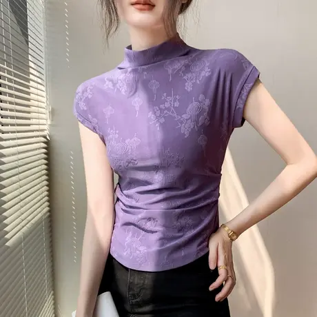 半高领无袖T恤女2025春季新款修身新中式国风提花包袖内搭打底衫商品大图