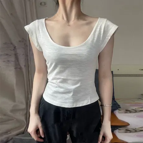 竹节棉大领口U领短袖T恤女夏季韩版修身打底衫短款正肩小飞袖上衣商品大图