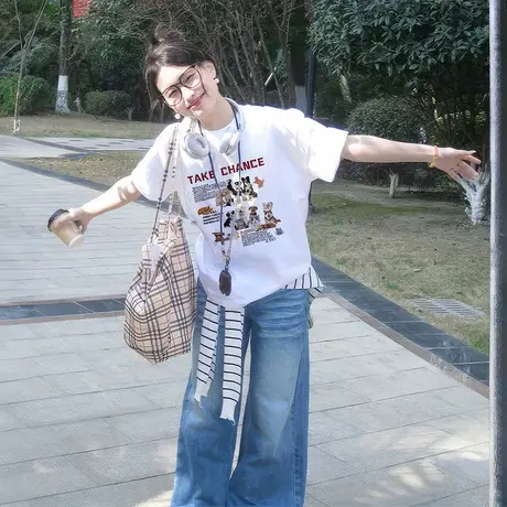 白色短袖t恤女2025新款半袖宽松纯棉美式复古高街百搭潮牌上衣ins商品大图