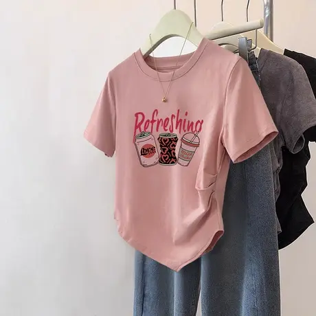 chic复古风卡通上衣正肩粉色短款T恤女ins夏季大码闺蜜装修身短袖商品大图