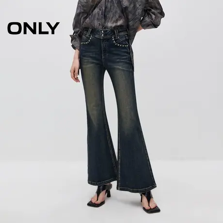 ONLY2024秋冬新款复古辣妹做旧洗水铆钉装饰中腰喇叭长裤牛仔裤女商品大图