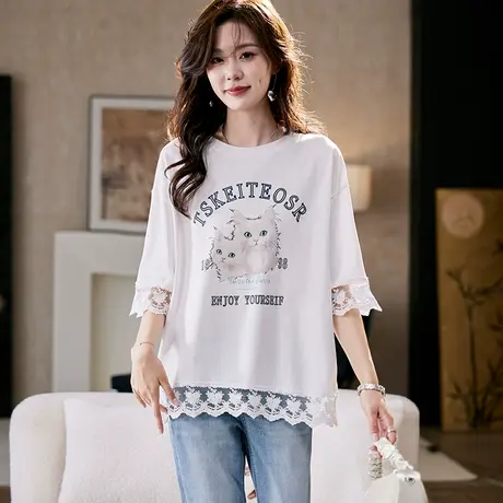 宝诗黎圆领蕾丝拼接印花T恤2025夏季宽松百搭洋气休闲棉质上衣女图片