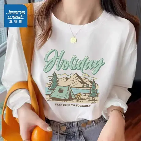 JR真维斯白色休闲长袖T恤女2025春秋新款纯棉亲肤透气宽松款上衣商品大图