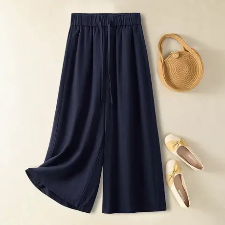 拉夏贝尔高腰藏青色亚麻阔腿裤女夏季薄款2025今年流行显瘦直筒裤商品大图