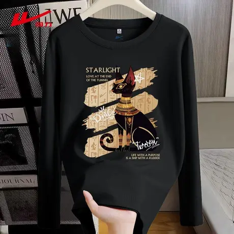 回力黑色长袖上衣女t恤春秋季2025新款小个子打底衫纯棉内搭上衣商品大图