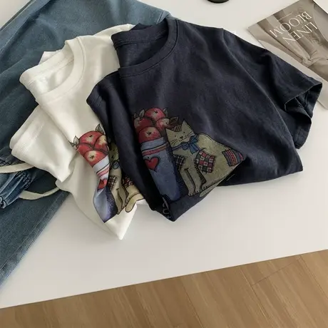 韩系减龄猫咪水果印花T恤女薄款雪花棉宽松圆领短袖上衣2025夏款商品大图