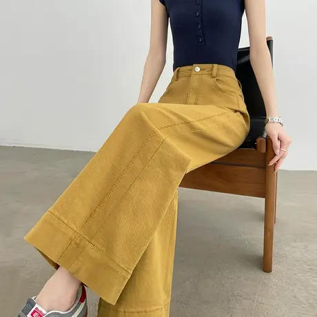 黄色阔腿九分牛仔裤女夏季2025薄款高腰宽松显瘦直筒小个子八分裤商品大图