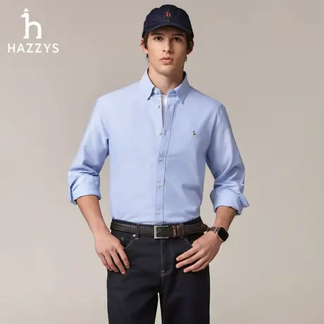 【牛津纺衬衣】Hazzys哈吉斯秋季通勤棉质舒适净色男女款长袖衬衫商品大图