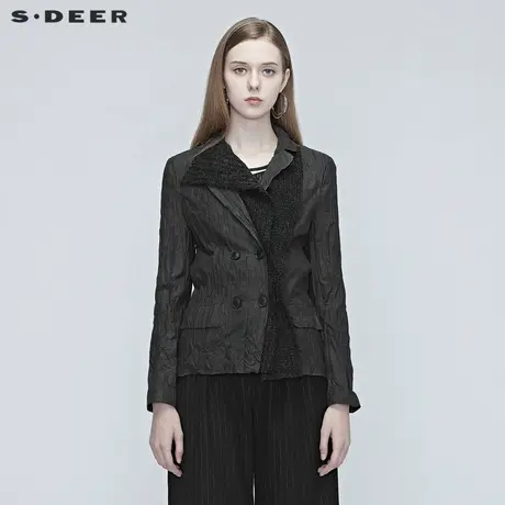 sdeer圣迪奥女装春装个性肌理针织拼接黑色抓皱西装外套S20382206图片