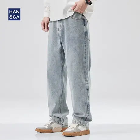 hansca牛仔裤男潮牌春季新款浅蓝色美式复古水洗直筒宽松休闲长裤商品大图