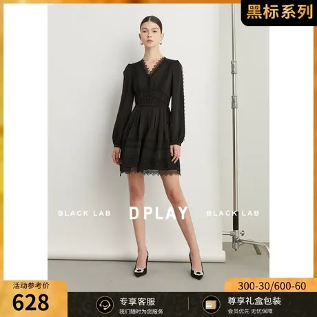 DPLAY2023秋新轻奢重工多种蕾丝花边拼接抽绳经典黑小黑裙礼服裙图片