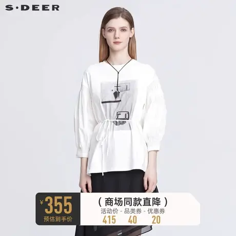 sdeer圣迪奥女装休闲圆领撞色印花收腰长袖T恤S22180206图片