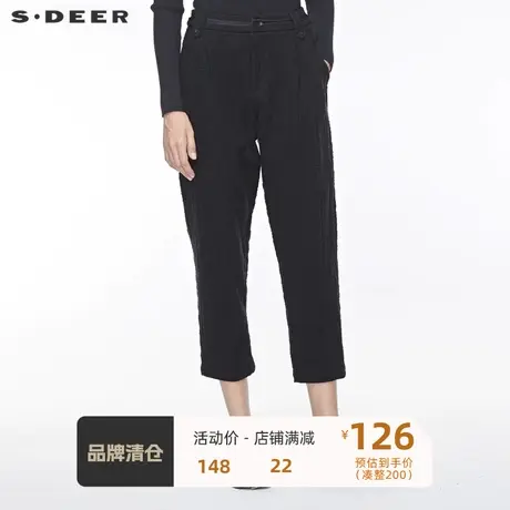 sdeer 圣迪奥新款休闲插袋拼接压褶肌理褶皱纯黑九分裤S19480849图片