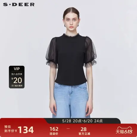 S·DEER圣迪奥女装夏季复古圆领波点网纱泡泡袖T恤S22280147图片