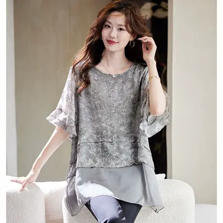 宝诗黎喇叭袖提花拼接雪纺衫2025夏季慵懒休闲百搭宽松大码女装图片