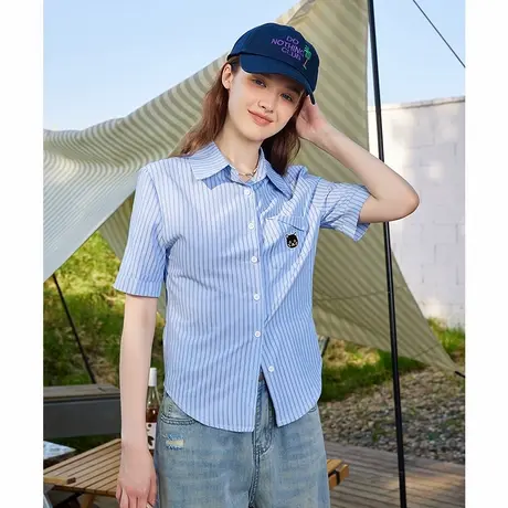 a022025春季新款个性口袋绣花设计短袖上衣修身显身材女式衬衫商品大图