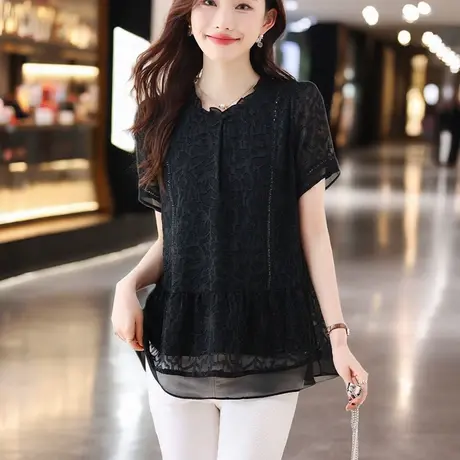 黑色短袖t恤女2025夏季新款中长款上衣女遮屁股洋气宽松显瘦雪纺商品大图