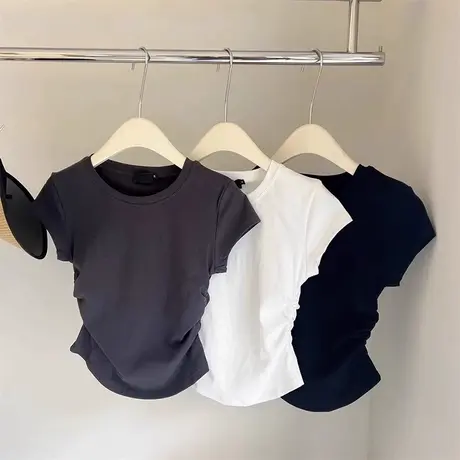 辣妹褶皱收腰飞飞袖T恤女夏季韩版修身设计感小众别致短款上衣潮图片